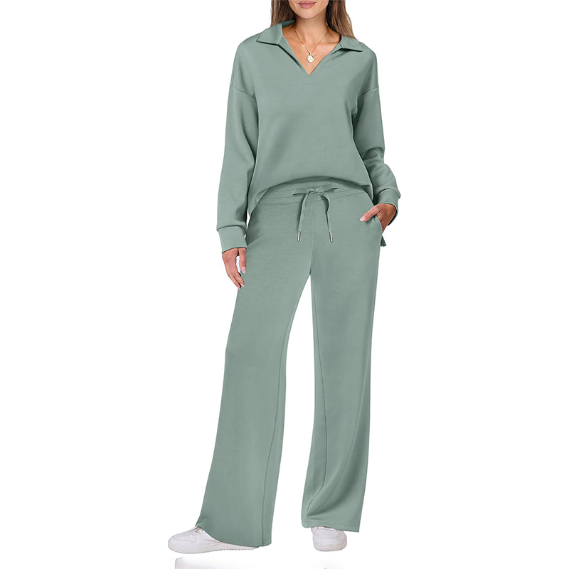 Wholesale Notched Long Sleeve Hooded Jacket + Loose Wide-Leg Pants