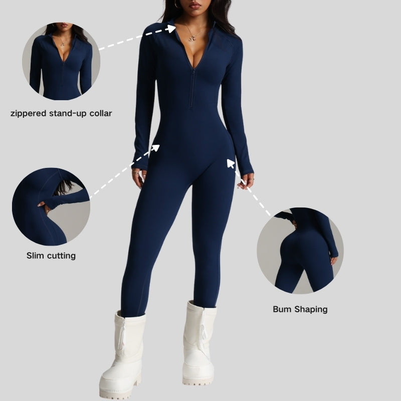Slim fit stand collar zipper jumpsuit