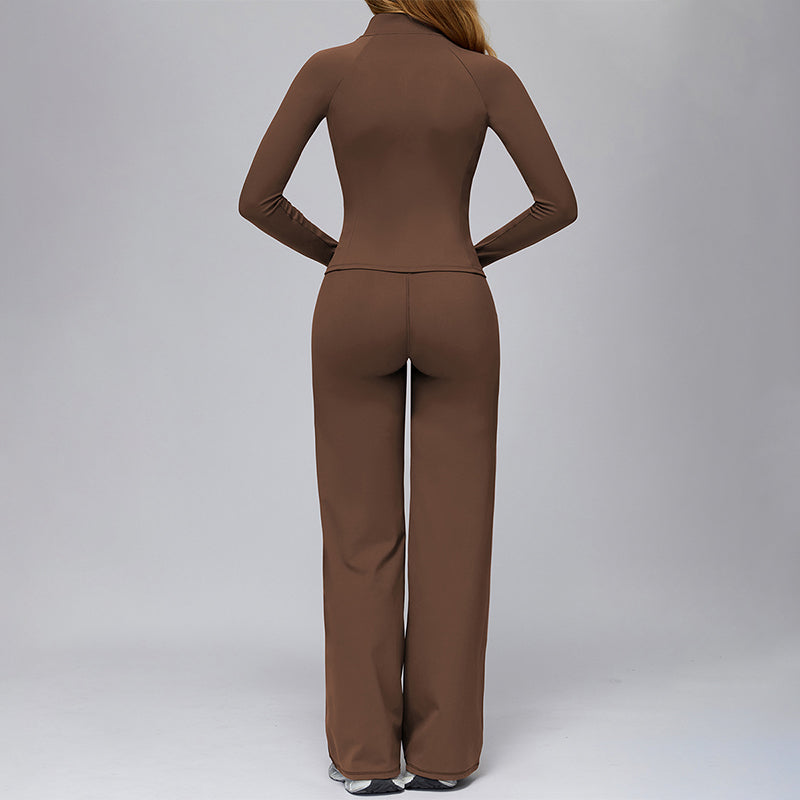 Zippered quick-drying sports jacket+High-waisted wide-leg sweatpants 2-piece set