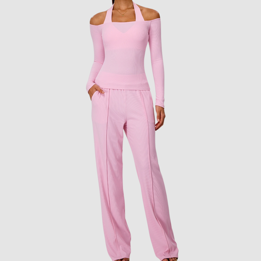 Wholesale Women's Padded Sports Bra+Off-Shoulder Long-Sleeve+Wide-Leg Pants Yoga Set