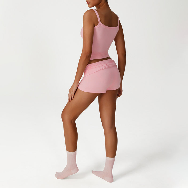 Lace Low-Cut Crop Top + Elastic Ruched Waistband Shorts 2-Piece Set