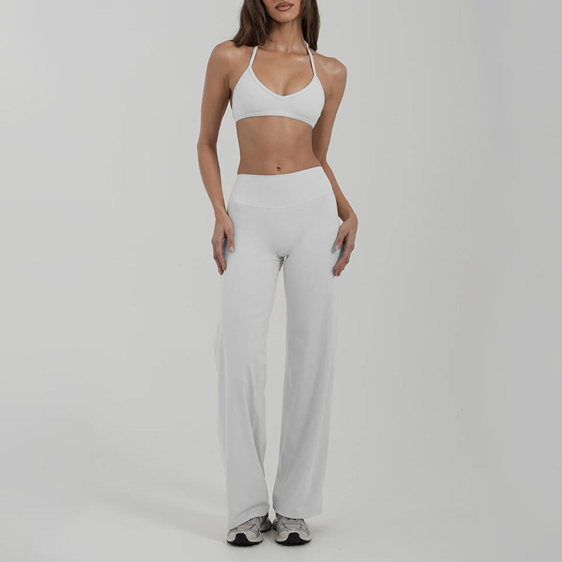 Halter-neck backless bra + loose wide-leg pants 2-piece set