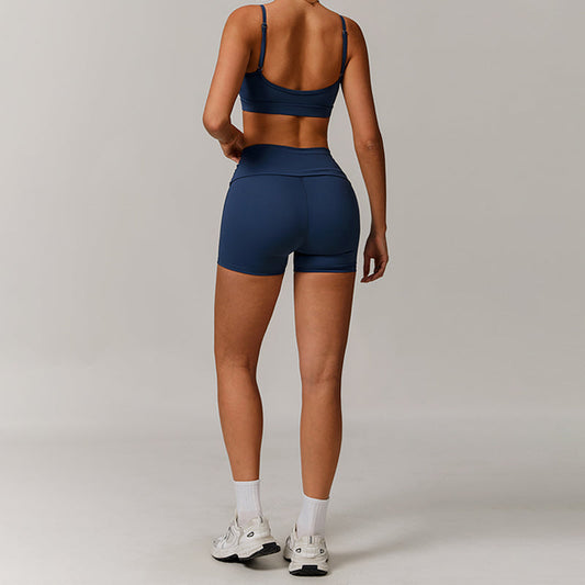 V-shape neck and thin straps sports bras + High-waisted shorts 2-piece set