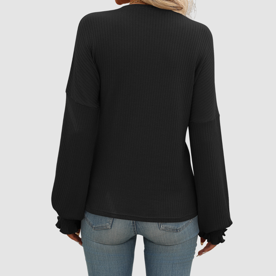 Wholesale Women's Ribbed Long Sleeve T-Shirt – Loose Ruffle-Sleeve Top