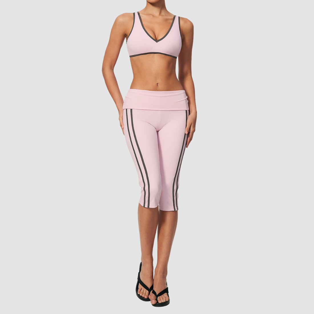 Wholesale color-blocked V-neck sports bra & striped cropped pants set