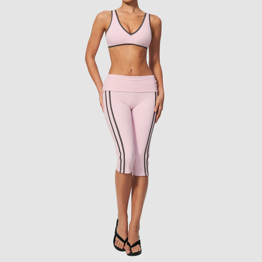 Wholesale color-blocked V-neck sports bra & striped cropped pants set