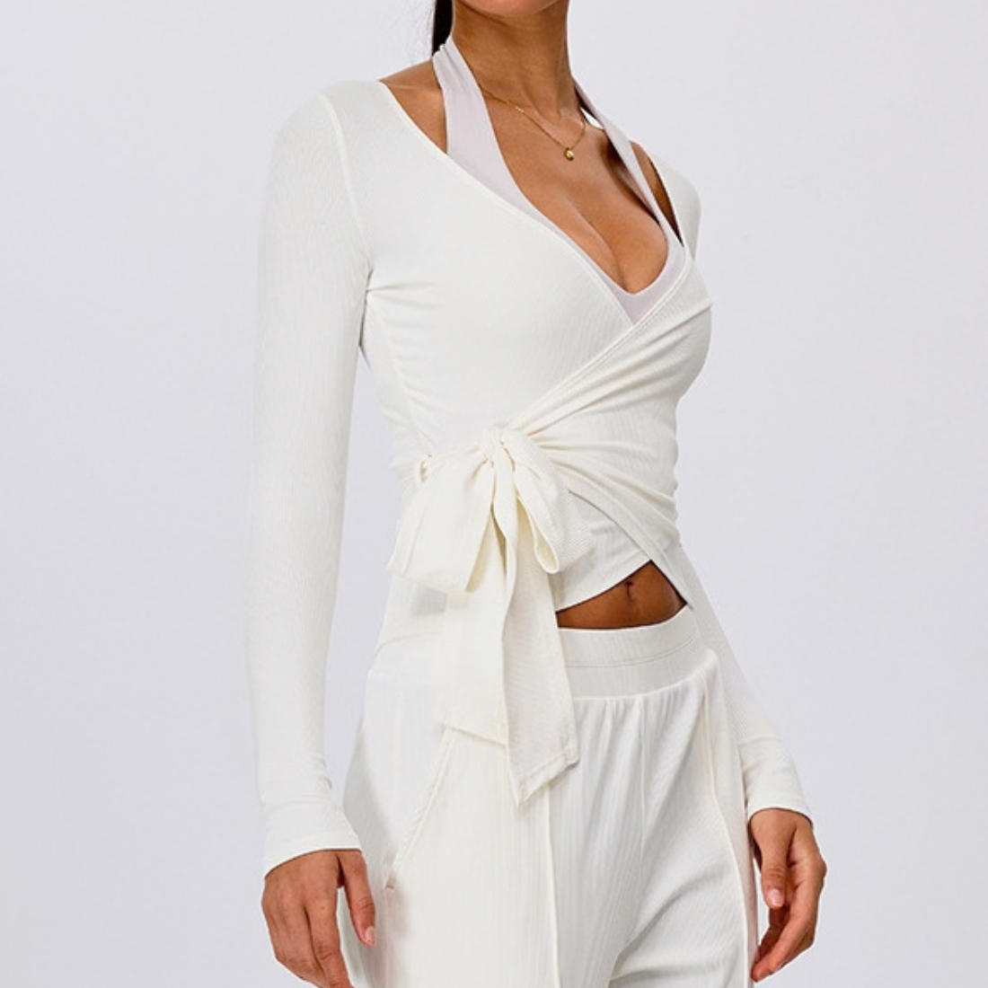 Wholesale Women's Ribbed V-Neck Tie-Front Long-Sleeve Yoga Cardigan