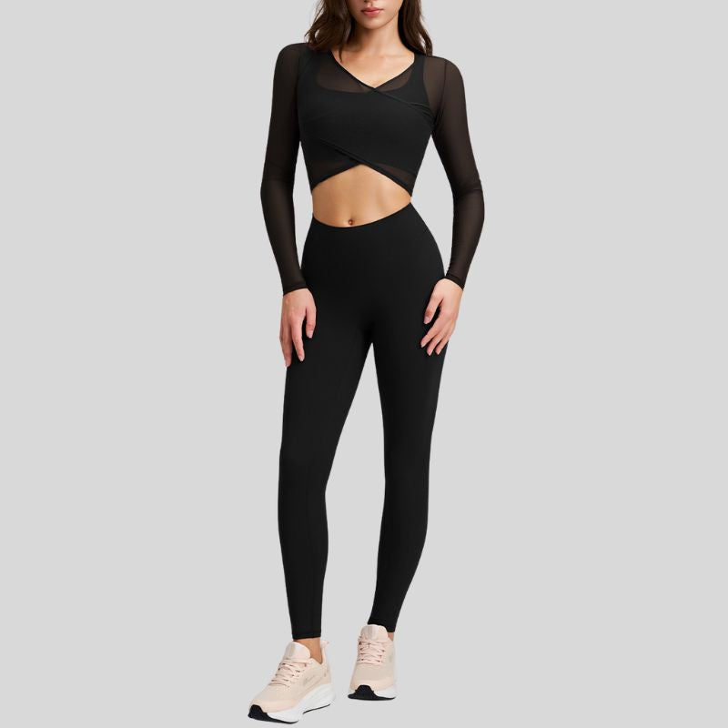 Sheer Mesh Top + Cross Back Bra + High-Waist Leggings 3-Piece Set