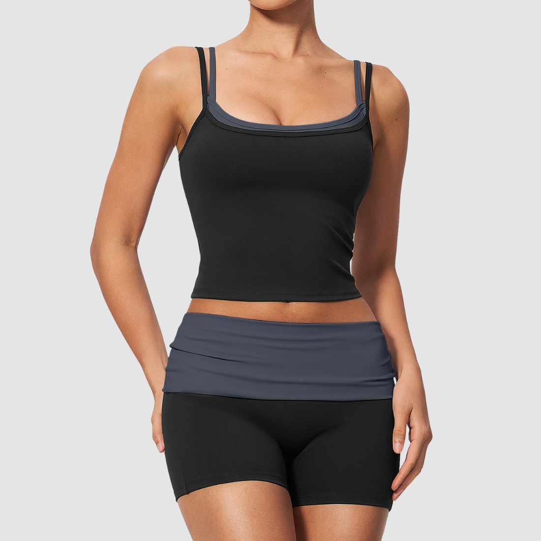 Wholesale Contrast Color Faux Two-Piece Yoga Set – Tummy Control Fitness Outfit