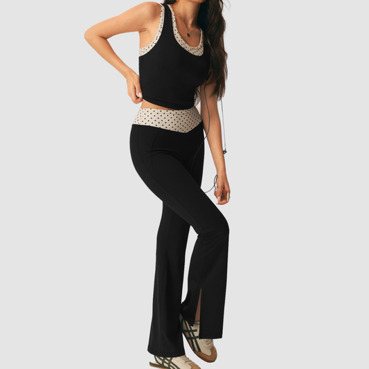 Wholesale Women's Polka Dot Pilates Set – Sleeveless Top & Flared Pants