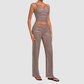 Wholesale Women's Activewear Retro Print Fold-Over Waist Top & Straight-Leg Pants Set