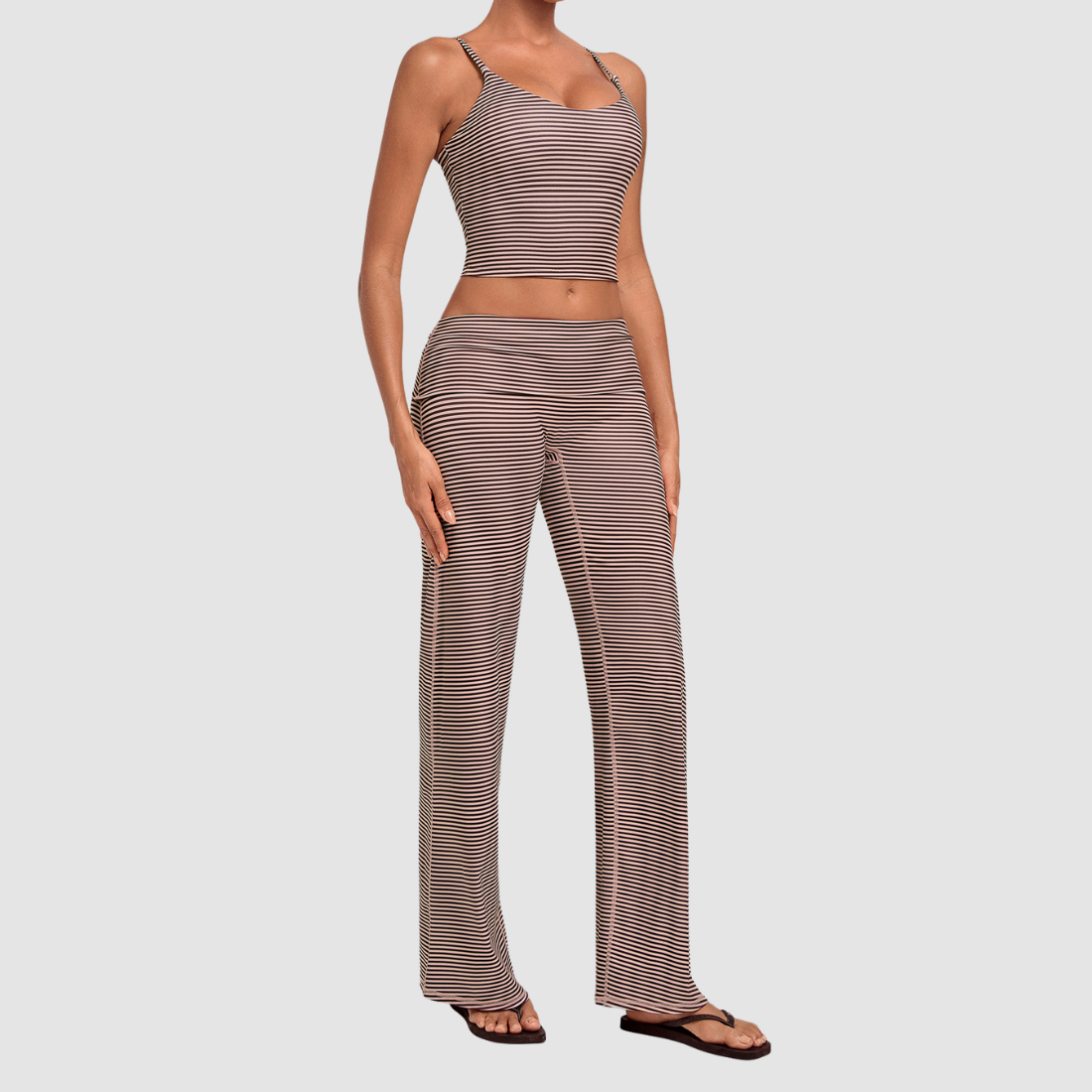 Wholesale Women's Activewear Retro Print Fold-Over Waist Top & Straight-Leg Pants Set