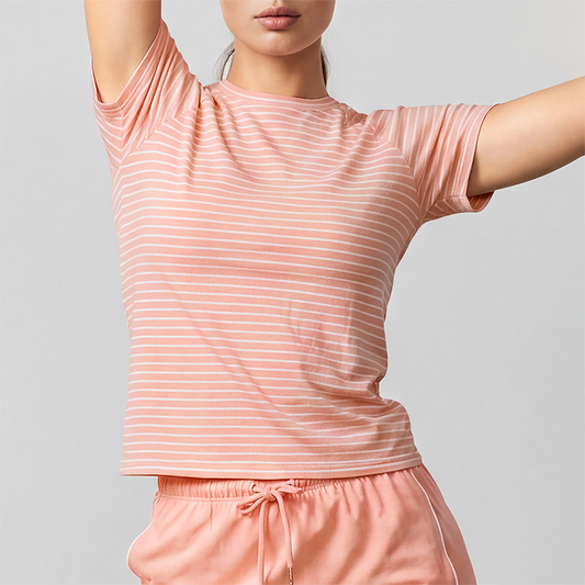 Wholesale Women's Striped Yoga T-Shirt – Short Sleeve Tie-Front Breathable Running Top