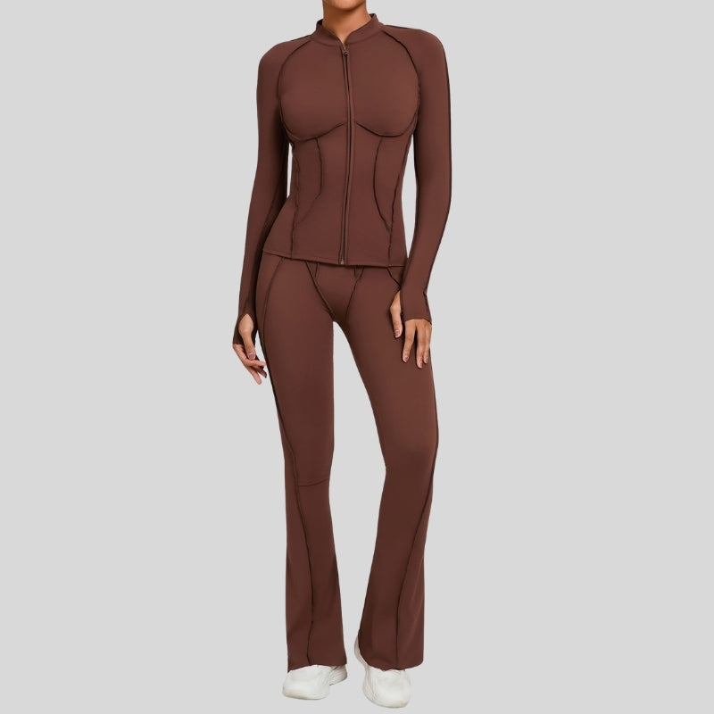 Thumb-buckle zipper jacket + slightly flared pants + sports bra 3-piece set