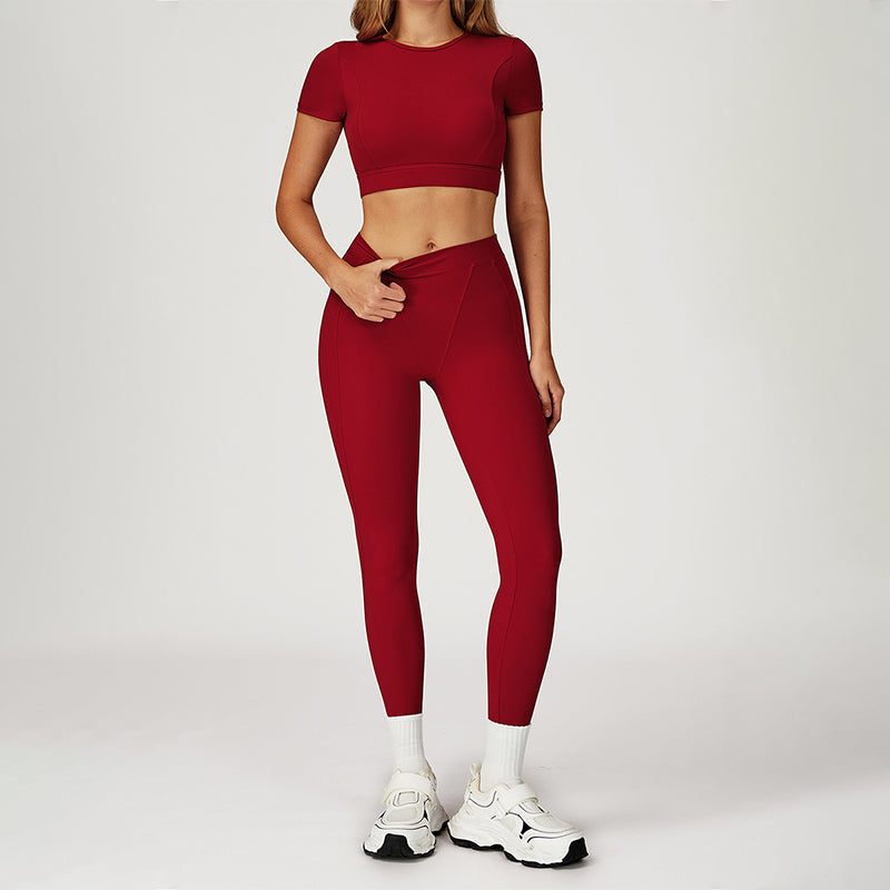 round-neck short sleeve sports crop top+high-waisted leggings set
