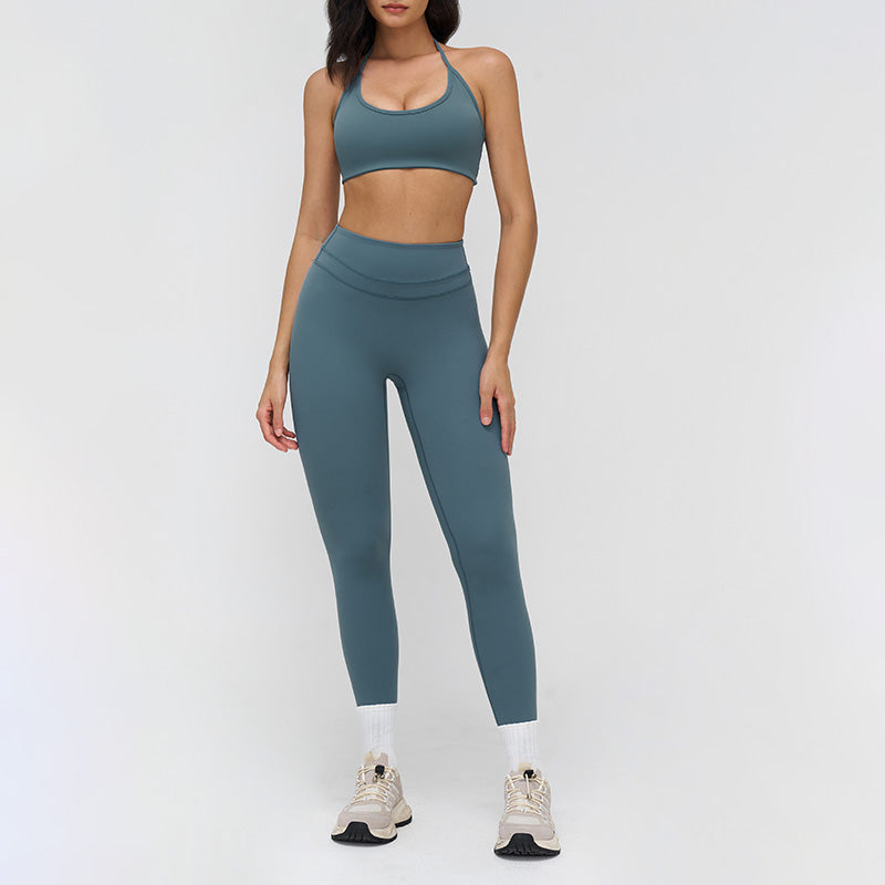 Halter-neck open-back sports bra + high-waisted leggings 2-piece set