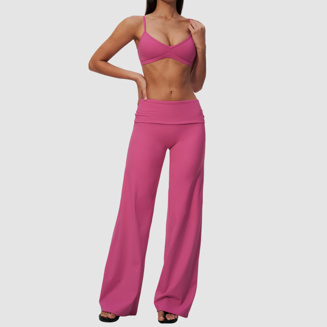 Wholesale Women's Brushed Yoga Set: Strappy Back Bra & Foldover Wide-Leg Pants