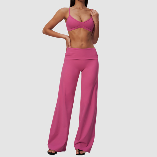 Wholesale Women's Brushed Yoga Set: Strappy Back Bra & Foldover Wide-Leg Pants