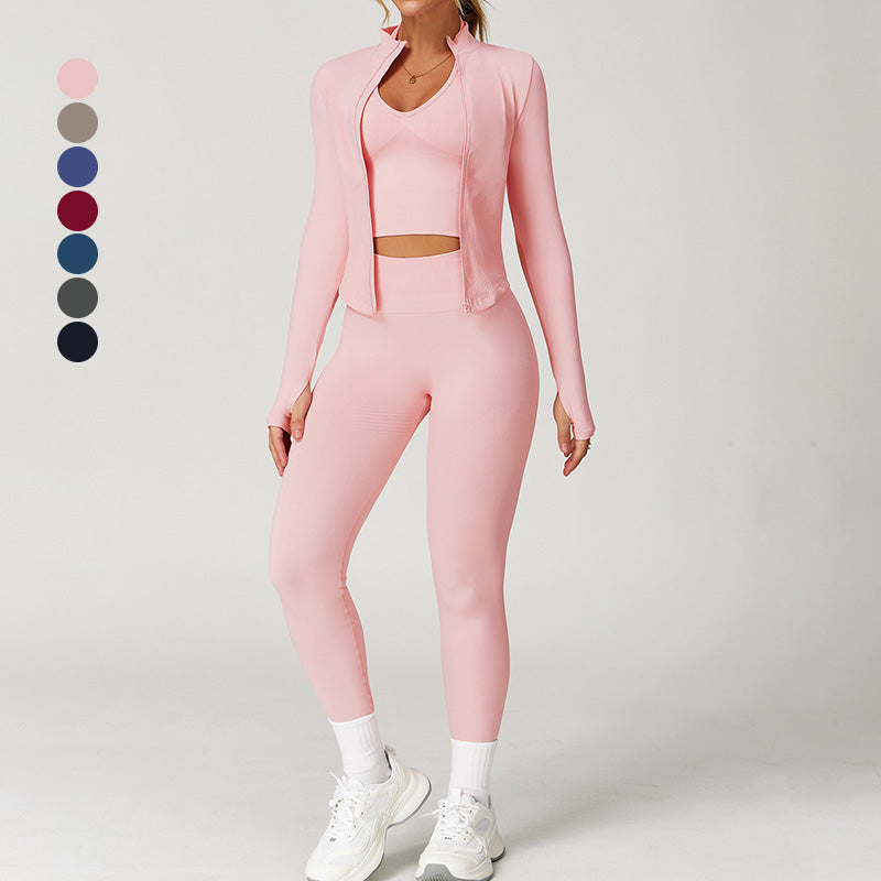 Nahtloser Yoga BH + Legging + Langschläfe Full Reißverpackungsjacke 3-teiliges Set
