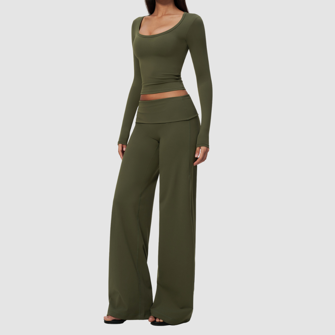 Wholesale Women's Brushed Yoga Set: Long-Sleeve Crop Top & Wide-Leg Pants