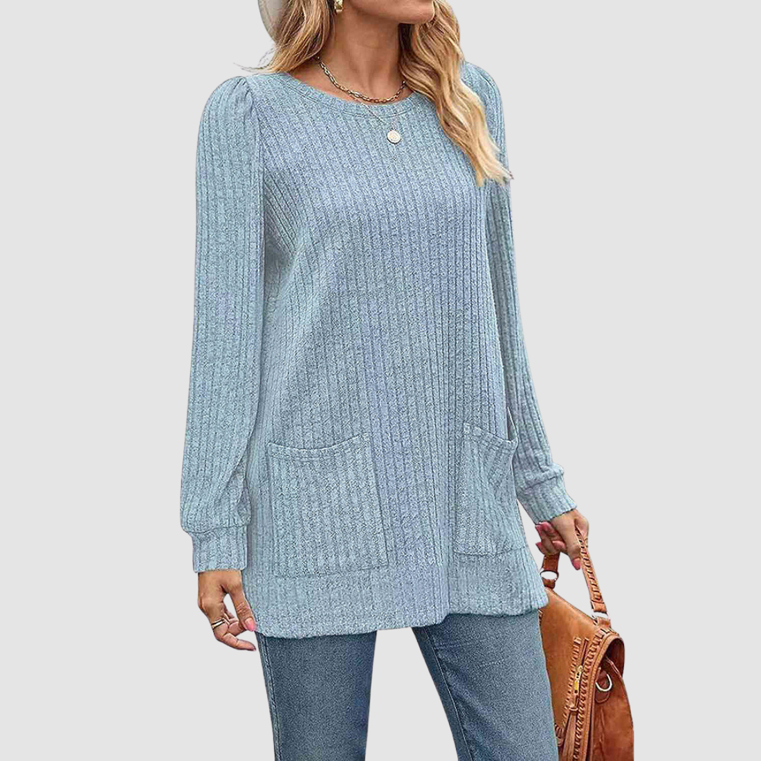 Wholesale Women’s Ribbed Pocket Tunic Sweater – Mid-Long Knit Pullover