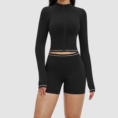 Wholesale color-blocked stand-collar zippered jacket + high-waisted tight shorts