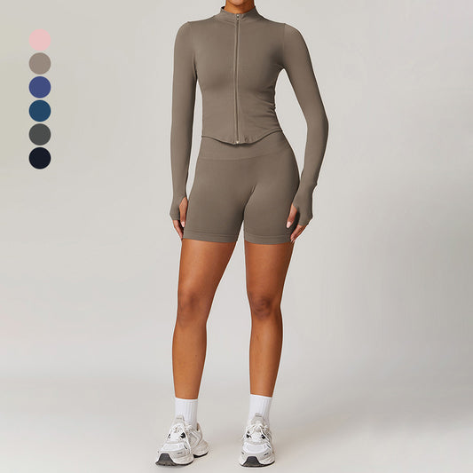 Seamless Long Sleeve Full Zipper Jacket + Shorts 2-piece Set