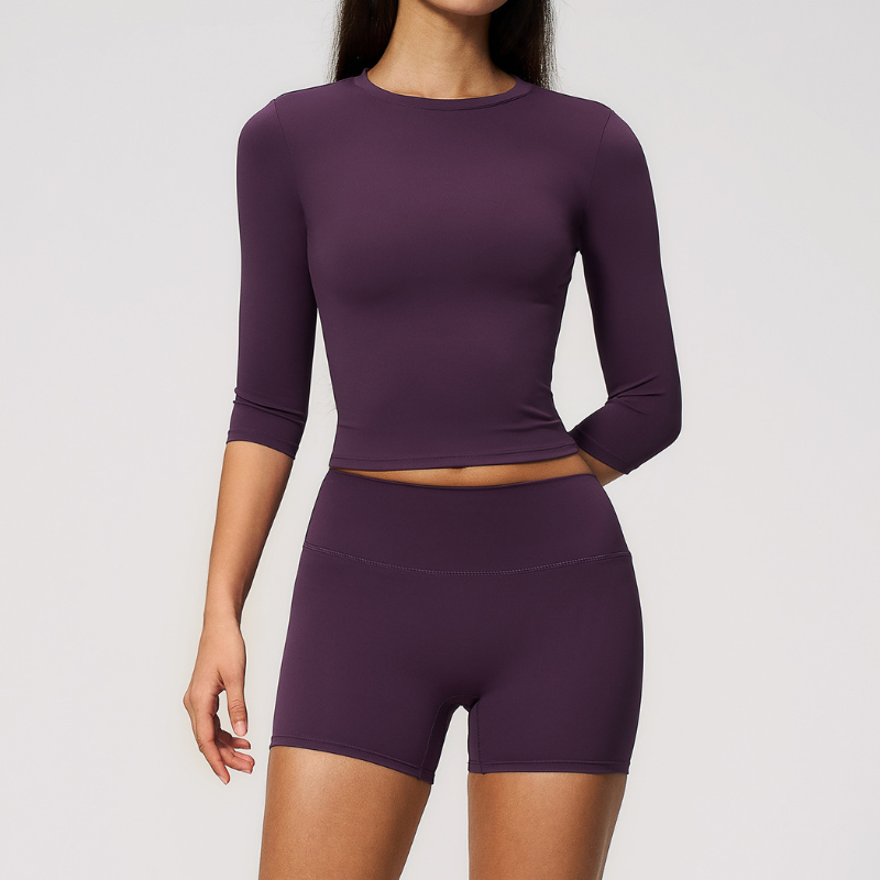 Wholesale Women's 3/4 Sleeve Crop Top & Biker Shorts Set – Seamless Yoga Activewear