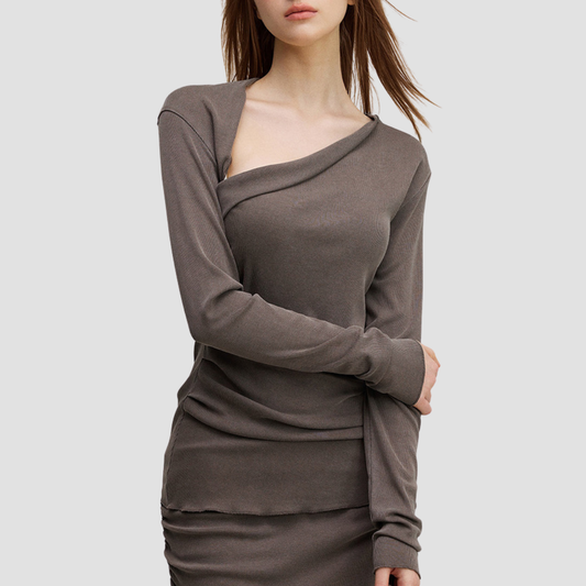 Wholesale Women’s Asymmetric Neck Streetwear Top & Shoulder Wrap – Washed Long Sleeve