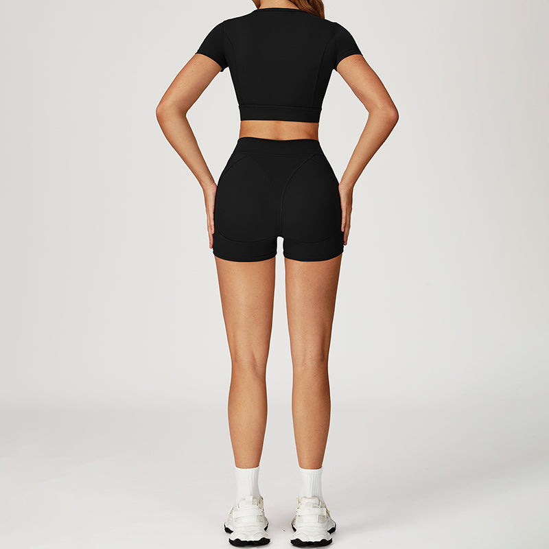 Round-neck short-sleeve high-waist fitted top+High-waist shorts 2-PIECE SET