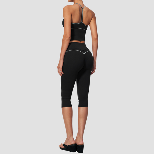 Wholesale Women's Brushed Yoga Set: Cross-Back Bra & Capri Pants – Colorblock Tummy Control