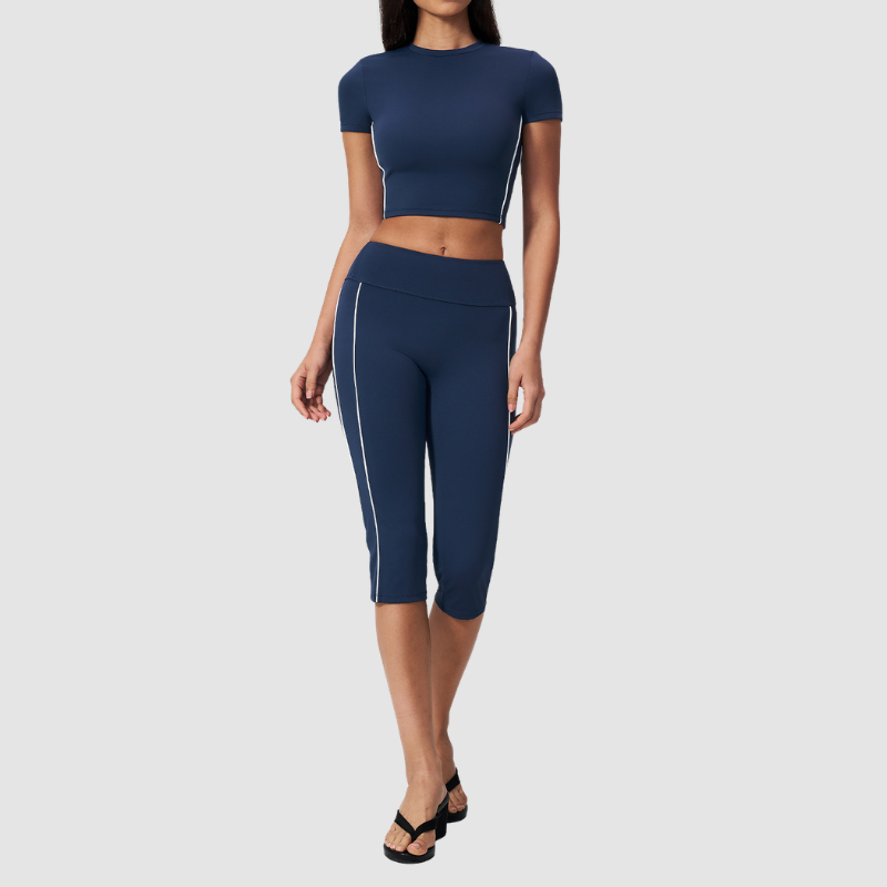 Wholesale Women's Brushed Contrast Piping Short Sleeve Crop Top & Button-Up Cropped Pants Set