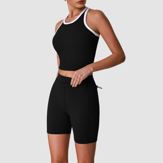 Wholesale Women's Color-Block Racerback Tank Top + High-Waist Cycling Shorts Set – Gym Yoga Fitness Set