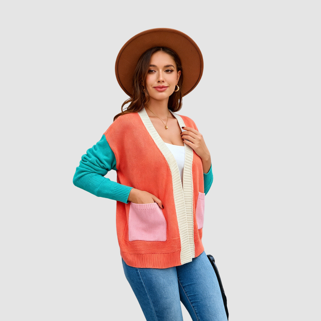Wholesale Women’s Contrast Pocket Open-Front Knit Cardigan