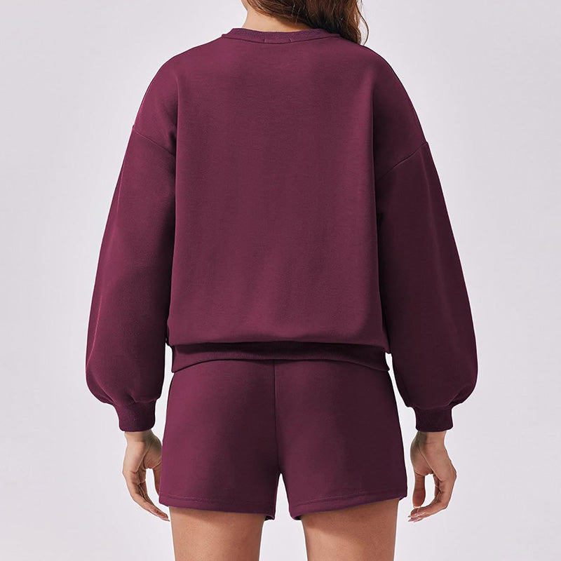 Round neck loose casual sweatshirt+Loose-fitting athletic shorts 2-piece set