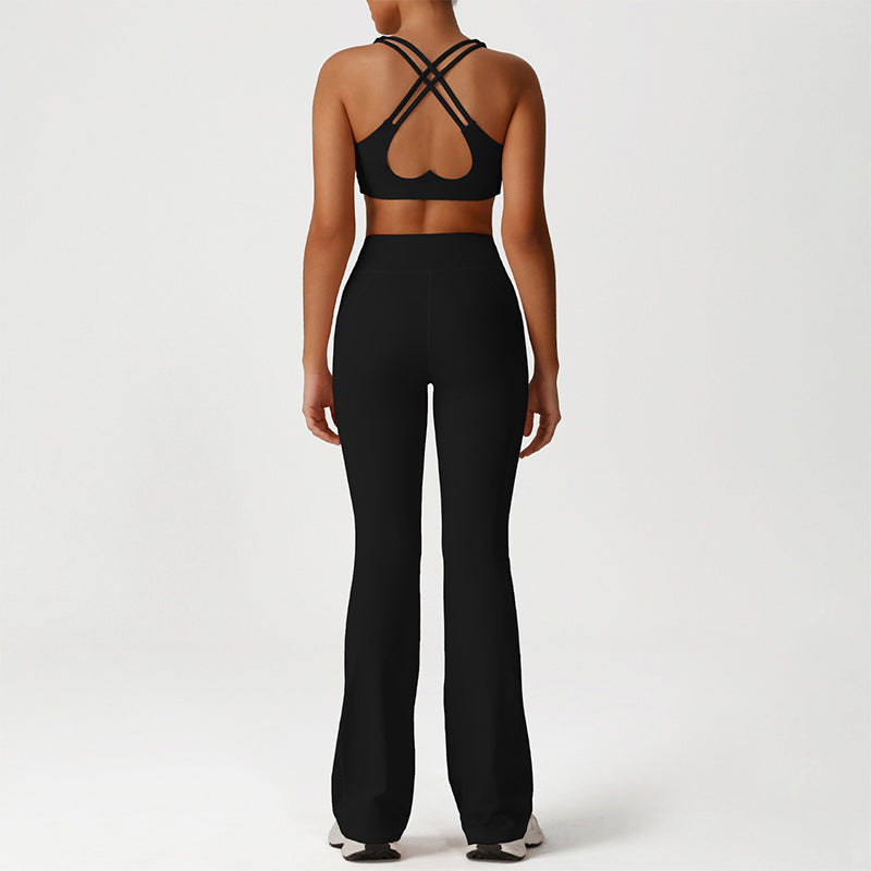 Cross-Back Sports Bra + Flared Leg Pants 2-Piece Set