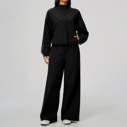 Wholesale Women's Stand-Collar Zip Jacket and Wide-Leg Long Pants Set