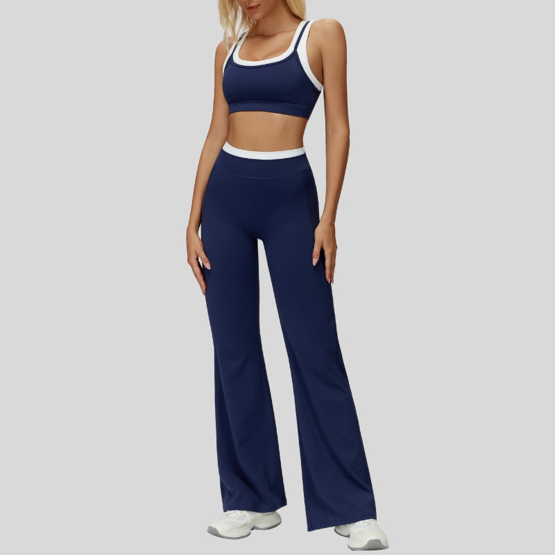Contrast color sports bra + sport slightly flared pants 2-piece set