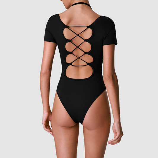 Wholesale Women's Cut-Out Open Back Short Sleeve Yoga Bodysuit – Built-In Bra Pad Gym Fitness One-Piece