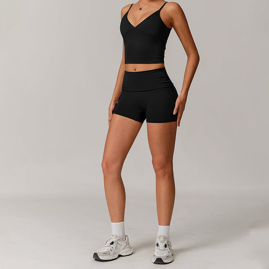 V-shape neck and thin straps tank top + High-waisted shorts 2-piece set