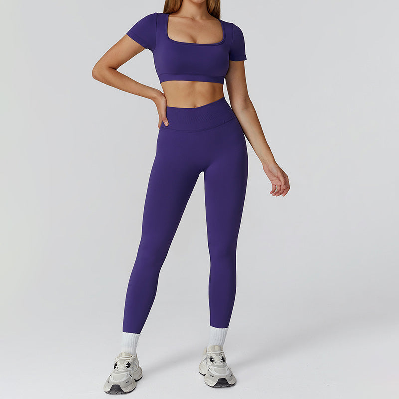 Seamless Short Sleeve Sports Top + hoch taillierte Leggings 2-teilige Leggings