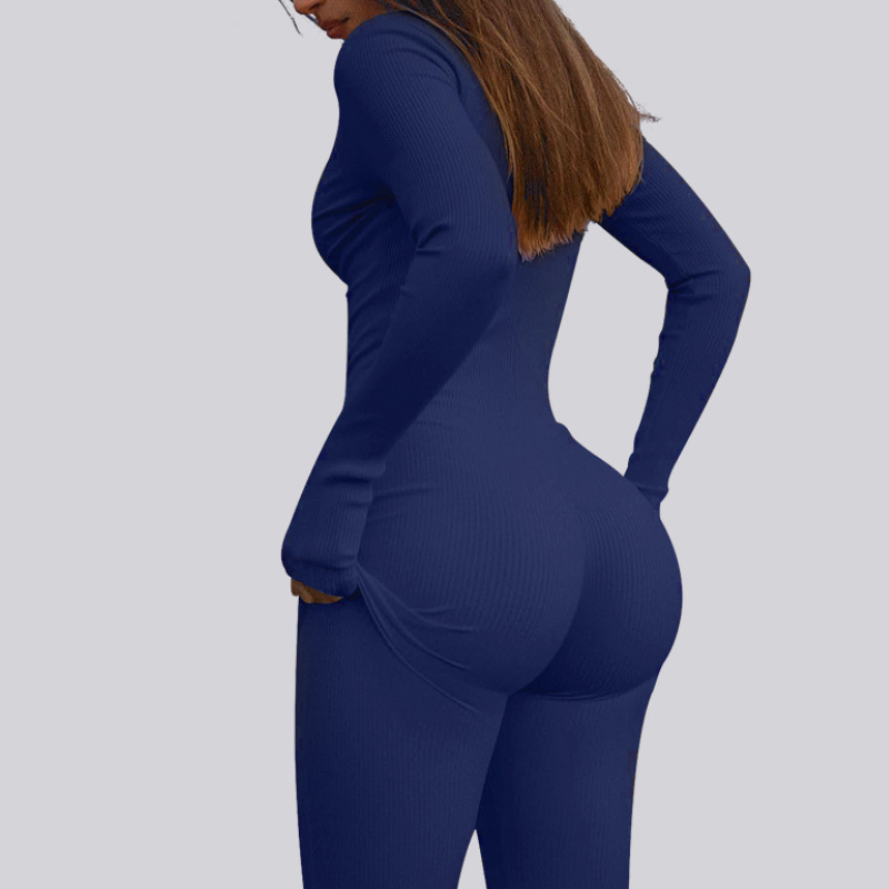 Women's ribbed long-sleeve zip-up casual athletic jumpsuit
