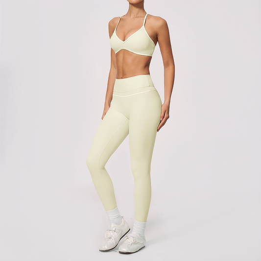Wholesale Women's Brushed Yoga Set: V-Neck Bra & Leggings – Colorblock Tummy Control