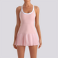 Wholesale Women's Pleated Tennis Dress Yoga Bodysuit with Chest Pad