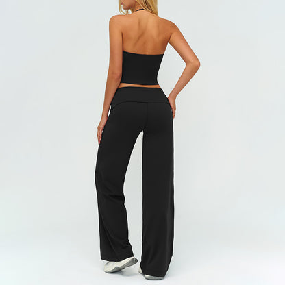 V-neck backless tank top + high-waisted loose wide-leg pants 2-piece set