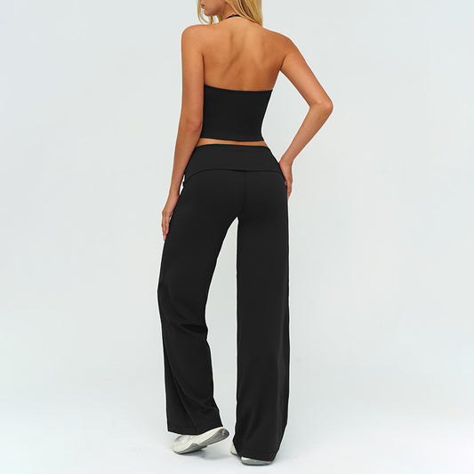 V-neck backless tank top + high-waisted loose wide-leg pants 2-piece set