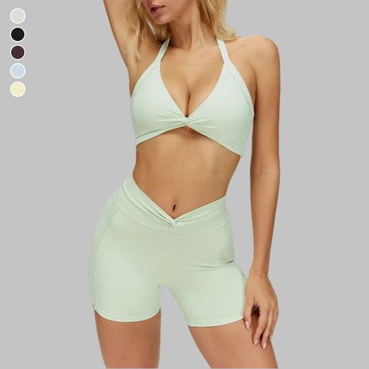 Removable breast sports bra+Sport shorts 2-piece set