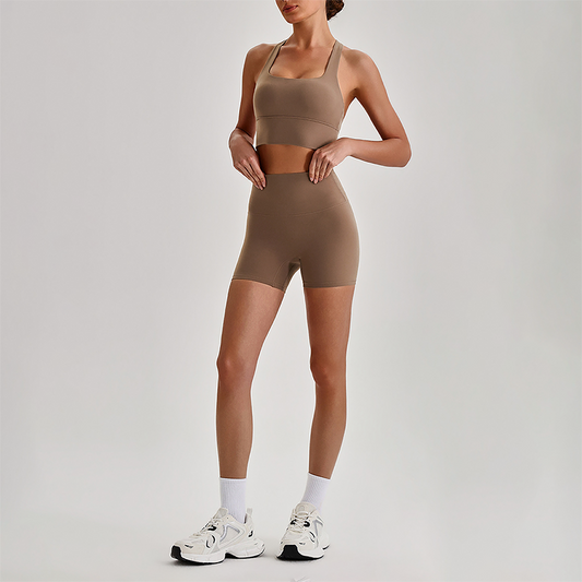 Wholesale Cross-Back Sports Bra & High-Waist Biker Shorts Set – Naked-Feel Quick-Dry Yoga 2-Piece