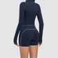 Wholesale color-blocked stand-collar zippered jacket + high-waisted tight shorts