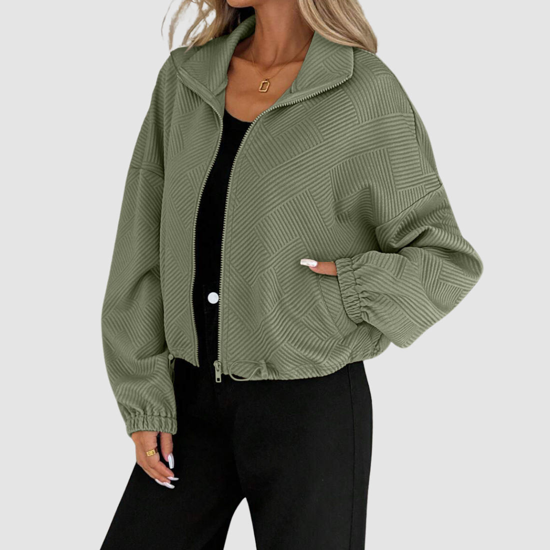 Wholesale Women's Stand-Collar Zip Jacket – Loose Drawstring Pocket Outerwear